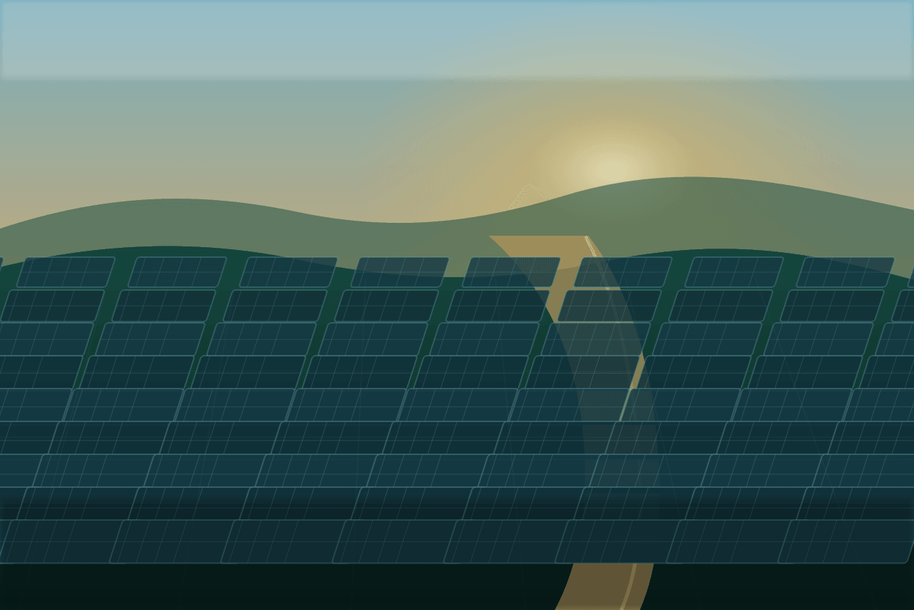 Solar power plant field with rows of photovoltaic panels